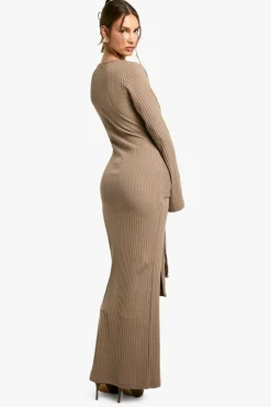 Maxi Dresses*boohoo Wide Rib Ruched Tie Maxi Dress taupe