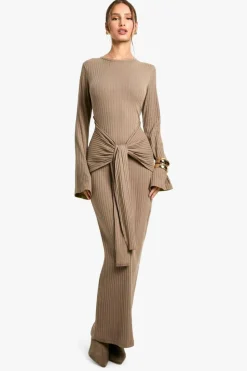 Maxi Dresses*boohoo Wide Rib Ruched Tie Maxi Dress taupe