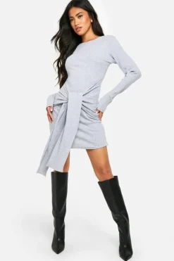Bodycon Dresses*boohoo Wide Rib Ruched Tie Mini Dress grey marl