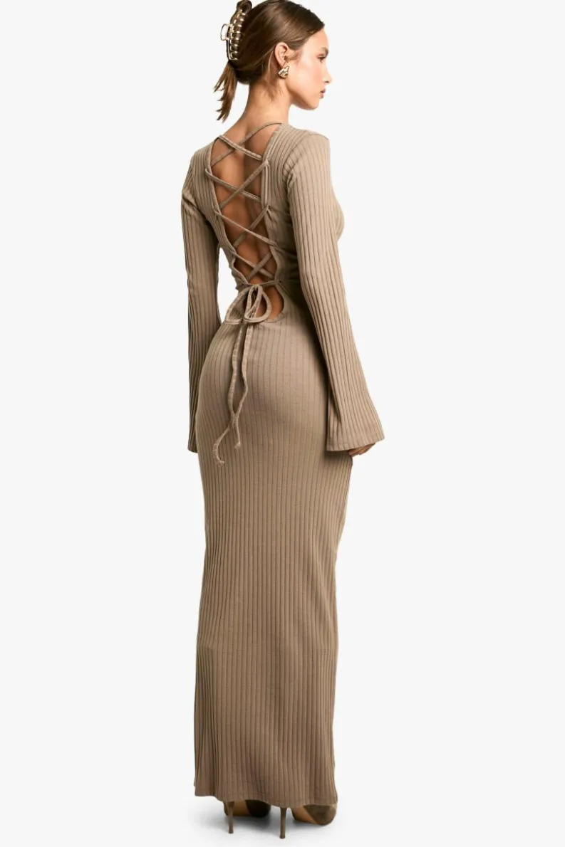 Maxi Dresses*boohoo Wide Rib Tie Back Flare Sleeve Maxi Dress taupe