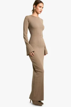 Maxi Dresses*boohoo Wide Rib Tie Back Flare Sleeve Maxi Dress taupe
