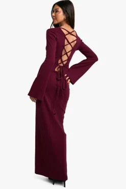 Maxi Dresses*boohoo Wide Rib Tie Back Flare Sleeve Maxi Dress merlot