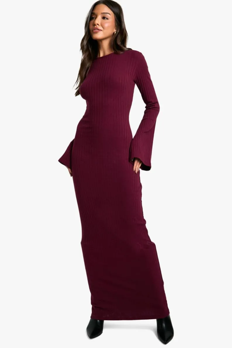 Maxi Dresses*boohoo Wide Rib Tie Back Flare Sleeve Maxi Dress merlot