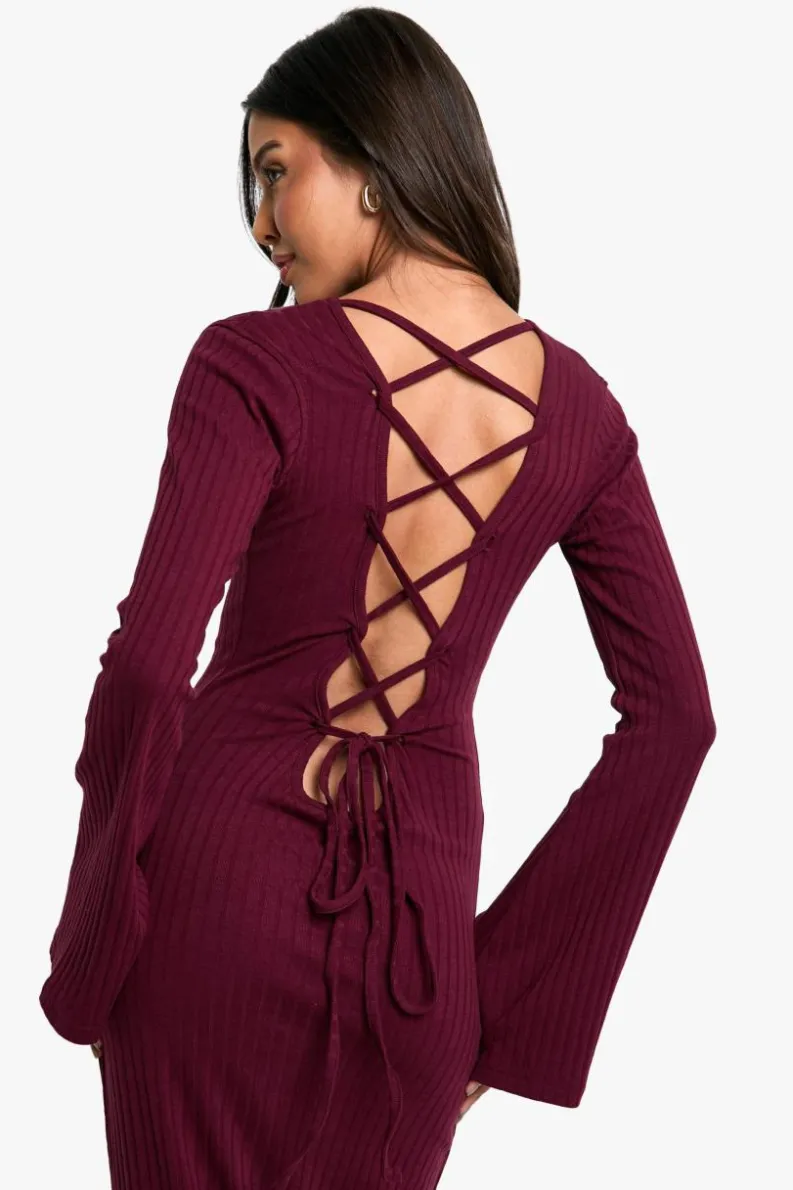 Maxi Dresses*boohoo Wide Rib Tie Back Flare Sleeve Maxi Dress merlot