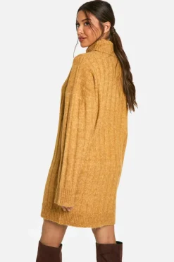 Jumper Dresses|Jumper Dresses*boohoo Wide Soft Rib Roll Neck Jumper Dress mustard