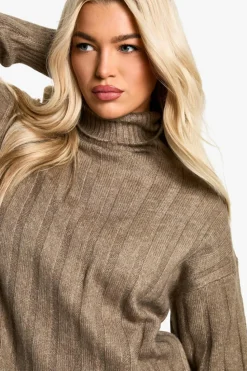 Knitted Co-Ords|Skirts*boohoo Wide Soft Rib Roll Neck Jumper And Maxi Skirt Co-ord mocha