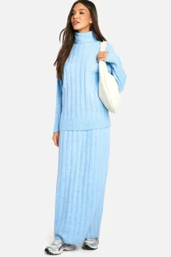 Knitted Co-Ords|Up To 80% Off Winter Warmers*boohoo Wide Soft Rib Roll Neck Jumper And Maxi Skirt Co-ord sky blue