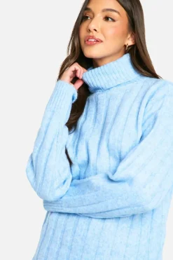 Knitted Co-Ords|Up To 80% Off Winter Warmers*boohoo Wide Soft Rib Roll Neck Jumper And Maxi Skirt Co-ord sky blue
