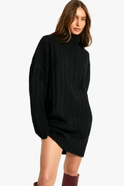 Jumper Dresses|Jumper Dresses*boohoo Wide Soft Rib Roll Neck Jumper Dress black