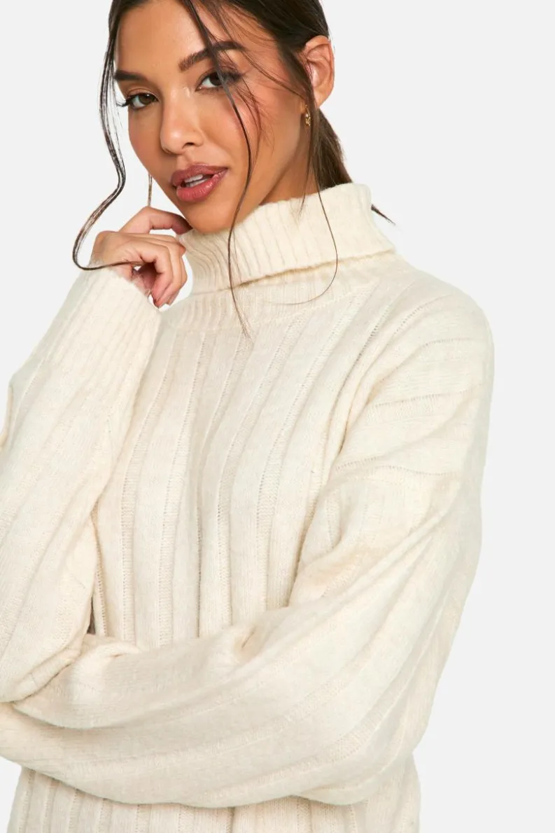 Jumper Dresses|Jumper Dresses*boohoo Wide Soft Rib Roll Neck Jumper Dress ecru