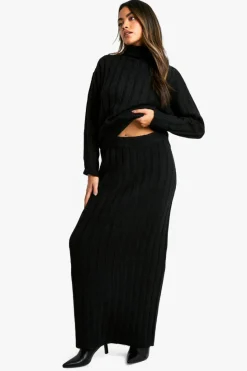 Knitted Co-Ords|Bottoms*boohoo Wide Soft Rib Roll Neck Jumper And Maxi Skirt Co-ord black