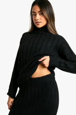 Knitted Co-Ords|Bottoms*boohoo Wide Soft Rib Roll Neck Jumper And Maxi Skirt Co-ord black