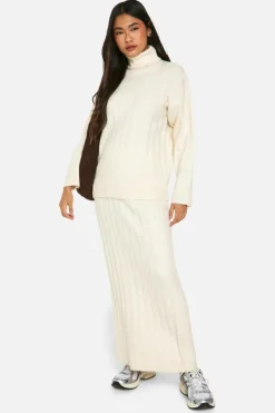 Knitted Co-Ords|Bottoms*boohoo Wide Soft Rib Roll Neck Jumper And Maxi Skirt Co-ord ecru