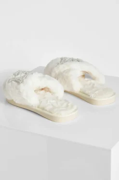 Slippers|Slippers*boohoo Wifey Embellished Slippers cream