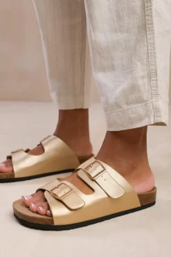 Sandals*Where's That From Willow' Two Strap Flat Sandals With Buckle Detail Gold
