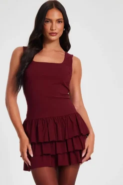 Skater Dresses*Quiz Layered Mini Dress Wine