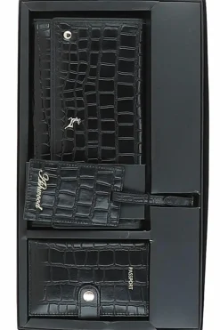 Handbags|Travel Accessories*Ashwood Leather Wise Tour' Croc Print Real Leather Gift Travel Set Black