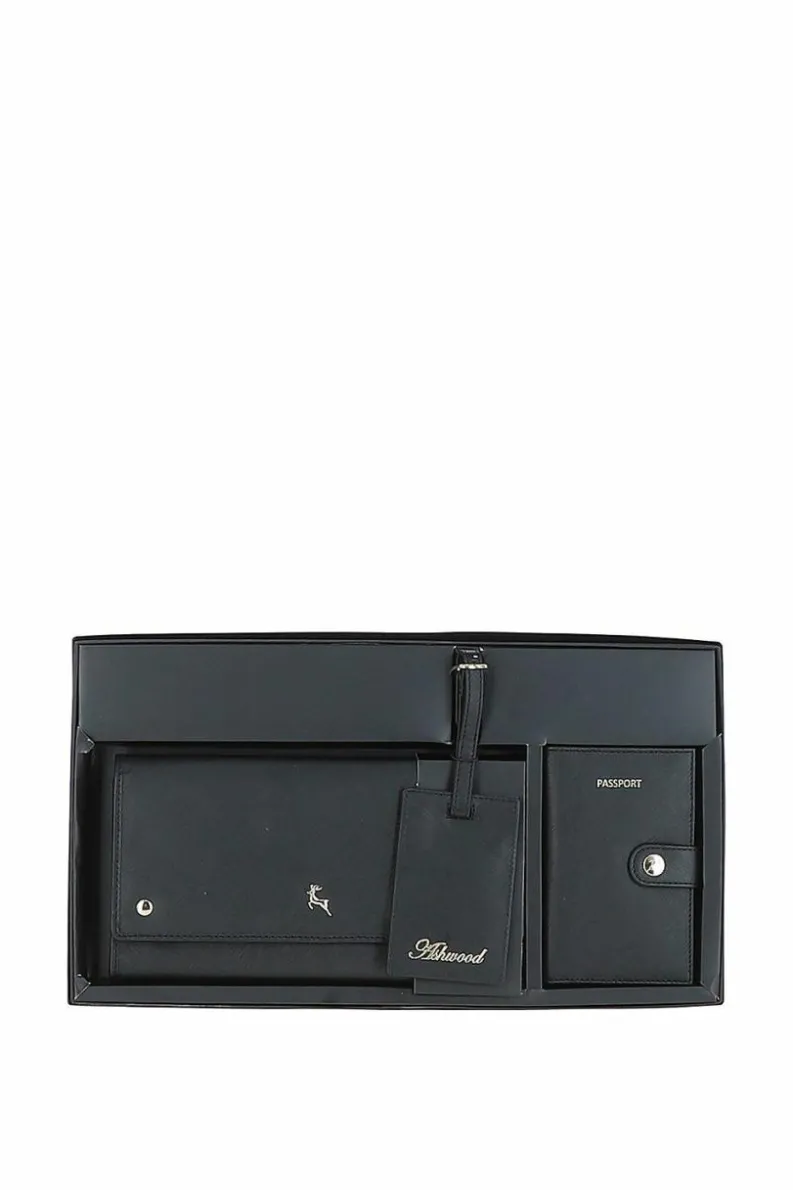 Handbags|Travel Accessories*Ashwood Leather Wise Tour' Real Leather Gift Travel Set Black