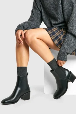 Heels|Heeled Boots*boohoo Wooden Block Heel Tab Detail Shoe Boots black