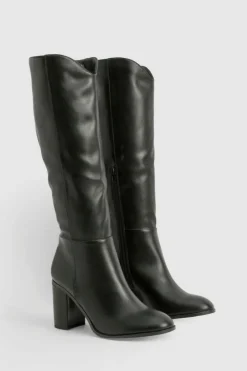 Over The Knee Boots|Knee High Boots*boohoo Wooden Stack Heel Detail Knee High Boots black