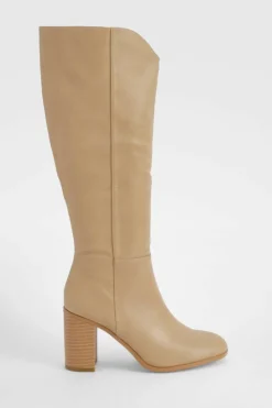 Over The Knee Boots|Knee High Boots*boohoo Wooden Stack Heel Detail Knee High Boots nude