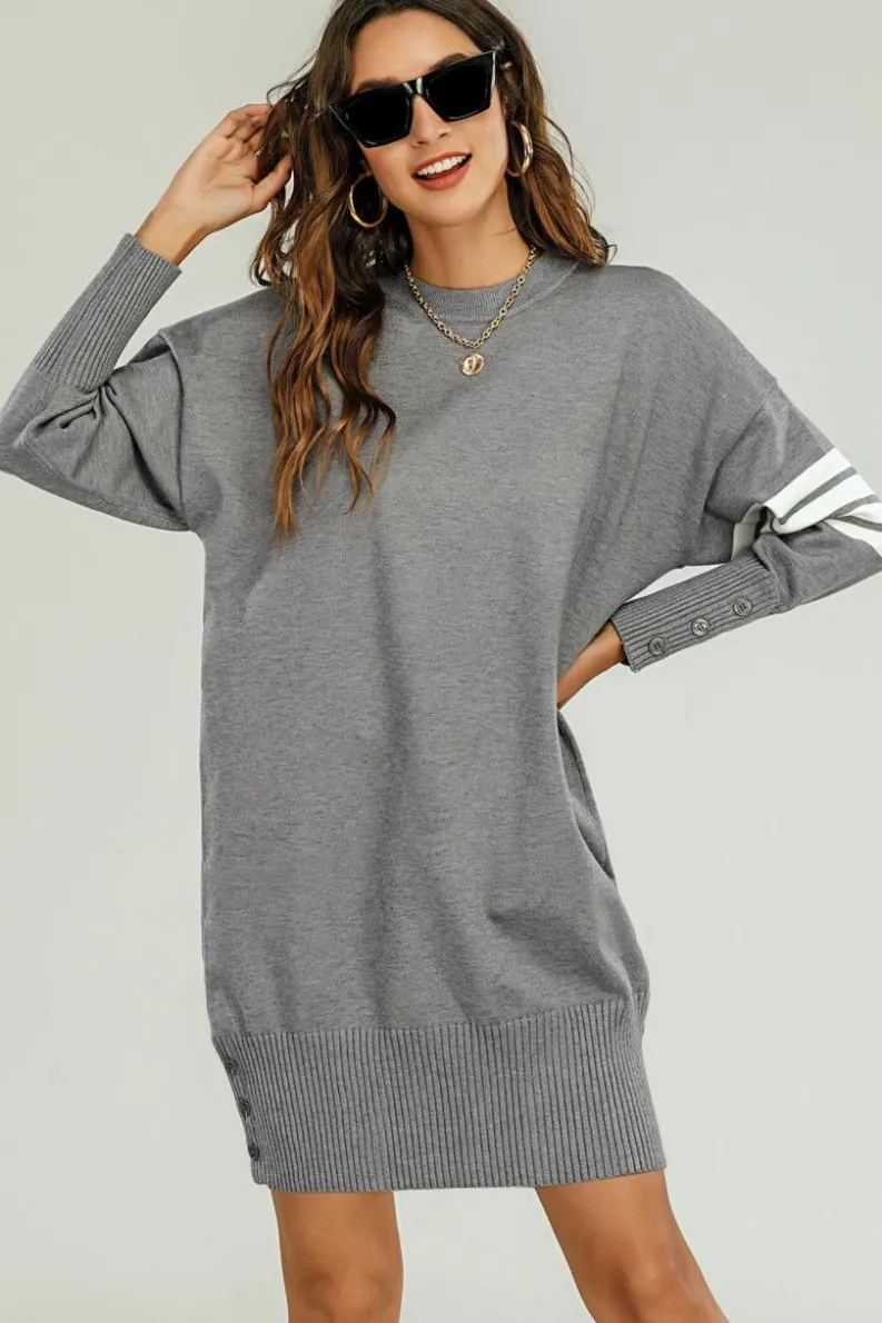 Jumper Dresses|Jumper Dresses*FS Collection Wool Knitted Tunic Jumper Dress With White Stripe Grey