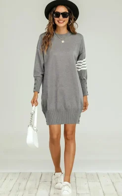 Jumper Dresses|Jumper Dresses*FS Collection Wool Knitted Tunic Jumper Dress With White Stripe Grey