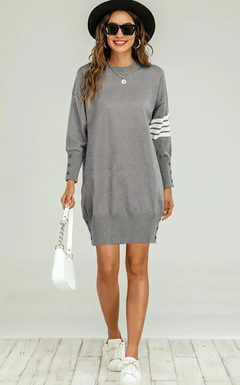 Jumper Dresses|Jumper Dresses*FS Collection Wool Knitted Tunic Jumper Dress With White Stripe Grey