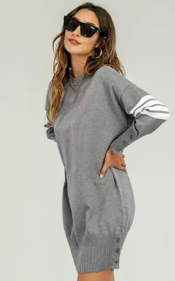Jumper Dresses|Jumper Dresses*FS Collection Wool Knitted Tunic Jumper Dress With White Stripe Grey