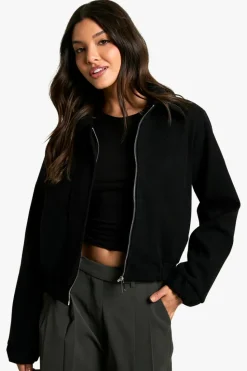 Up To 80% Off Winter Warmers|Bomber Jackets*boohoo Wool Look Collared Bomber Jacket black