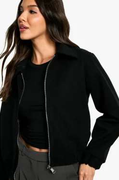 Up To 80% Off Winter Warmers|Bomber Jackets*boohoo Wool Look Collared Bomber Jacket black