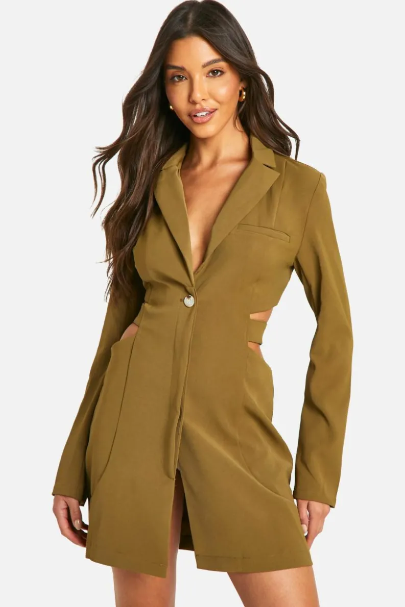 Blazer Dresses*boohoo Woven Cut Out Waist Blazer Dress khaki