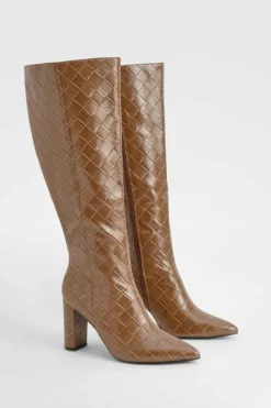 Heels|Over The Knee Boots*boohoo Woven Detail Block Heeled Knee High Boots chocolate
