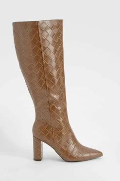 Heels|Over The Knee Boots*boohoo Woven Detail Block Heeled Knee High Boots chocolate