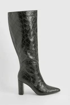 Heels|Over The Knee Boots*boohoo Woven Detail Block Heeled Knee High Boots black