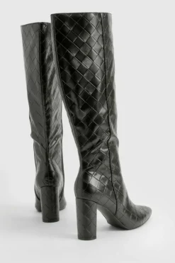 Heels|Over The Knee Boots*boohoo Woven Detail Block Heeled Knee High Boots black
