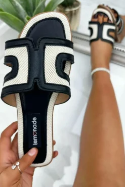 Sandals*Love Lemonade Woven H Cut Out Sliders Black Beige