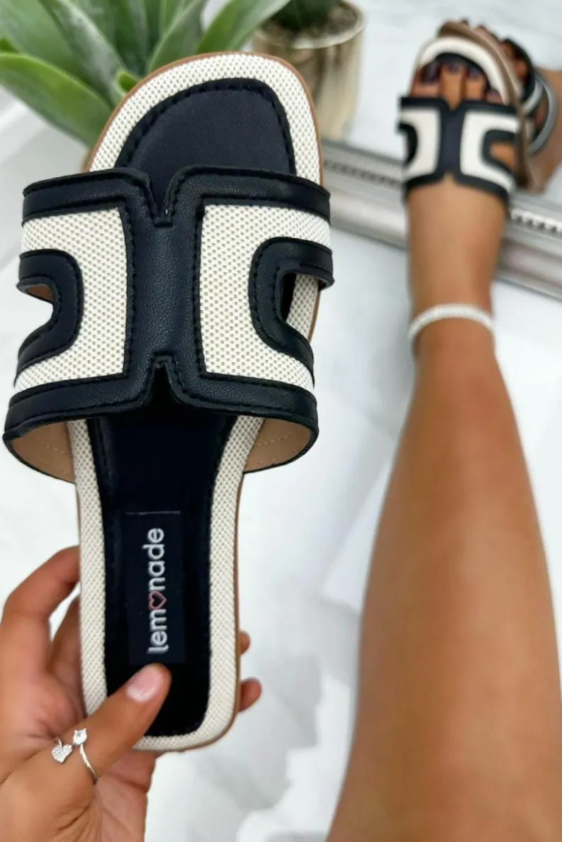 Sandals*Love Lemonade Woven H Cut Out Sliders Black Beige