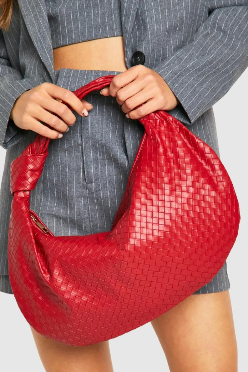 Woven Bags|Shoulder Bags*boohoo Woven Knotted Strap Detail Oversized Shoulder Bag red