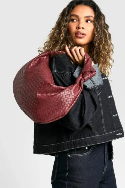 Woven Bags|Shoulder Bags*boohoo Woven Knotted Strap Detail Oversized Shoulder Bag burgundy
