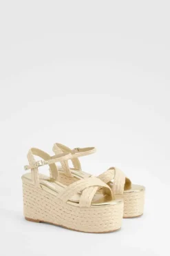 Wedges*boohoo Woven Raffia Cross Over Platform Wedges natural