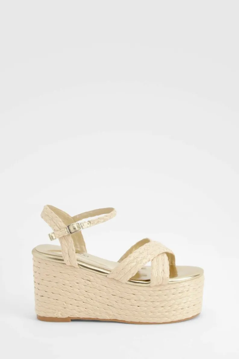 Wedges*boohoo Woven Raffia Cross Over Platform Wedges natural