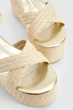 Wedges*boohoo Woven Raffia Cross Over Platform Wedges natural