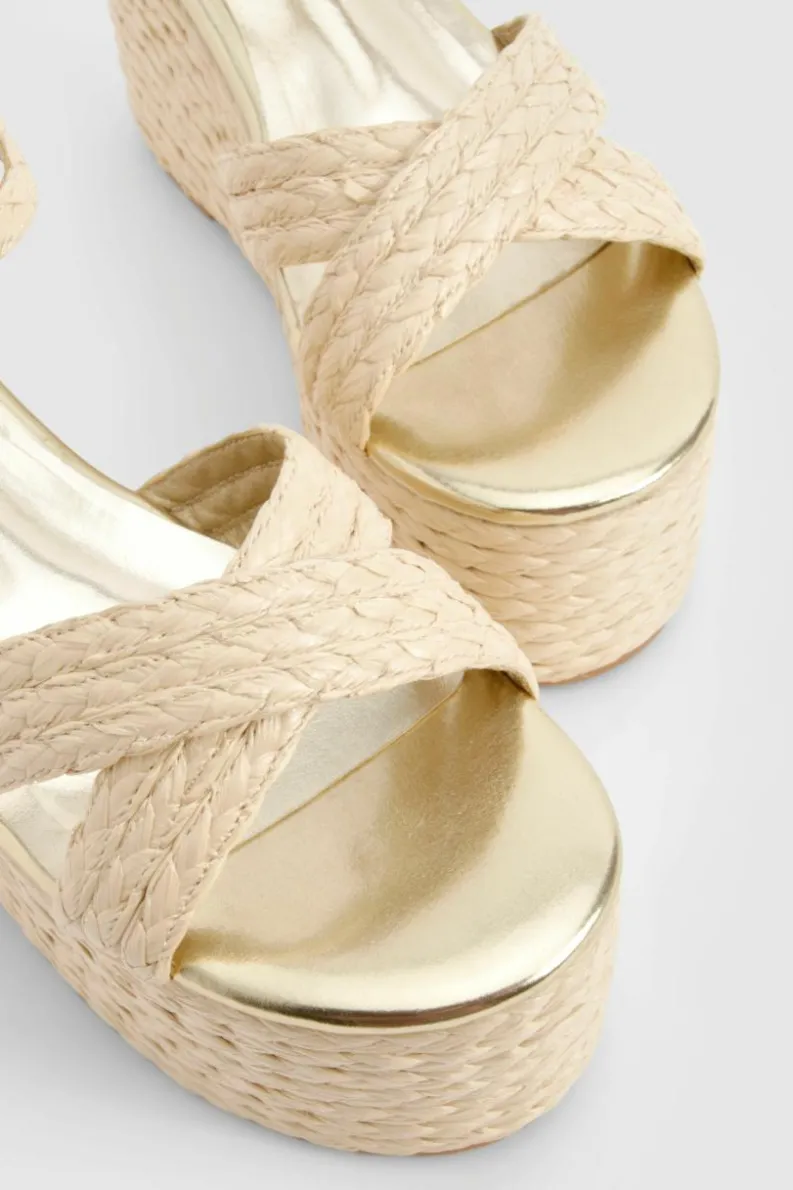 Wedges*boohoo Woven Raffia Cross Over Platform Wedges natural