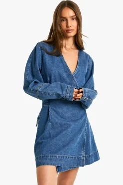 Wrap Dresses|Denim*boohoo Wrap Denim Belted Dress mid wash