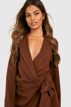 Blazer Dresses|Wrap Dresses*boohoo Wrap Drape Front Tailored Blazer Dress chocolate
