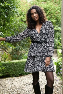 Wrap Dresses*Blue Vanilla Wrap Front Belted Double Frill Dress Black