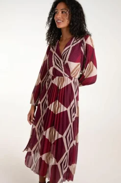Wrap Dresses*Blue Vanilla Wrap Front Pleated Geometric Maxi Dress Wine