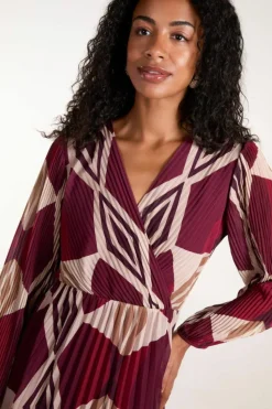 Wrap Dresses*Blue Vanilla Wrap Front Pleated Geometric Maxi Dress Wine