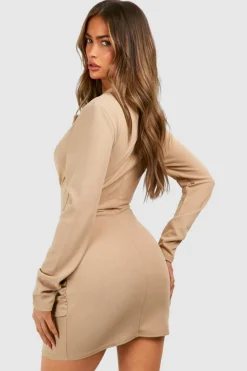 Blazer Dresses|Wrap Dresses*boohoo Wrap Long Sleeve Blazer Dress stone